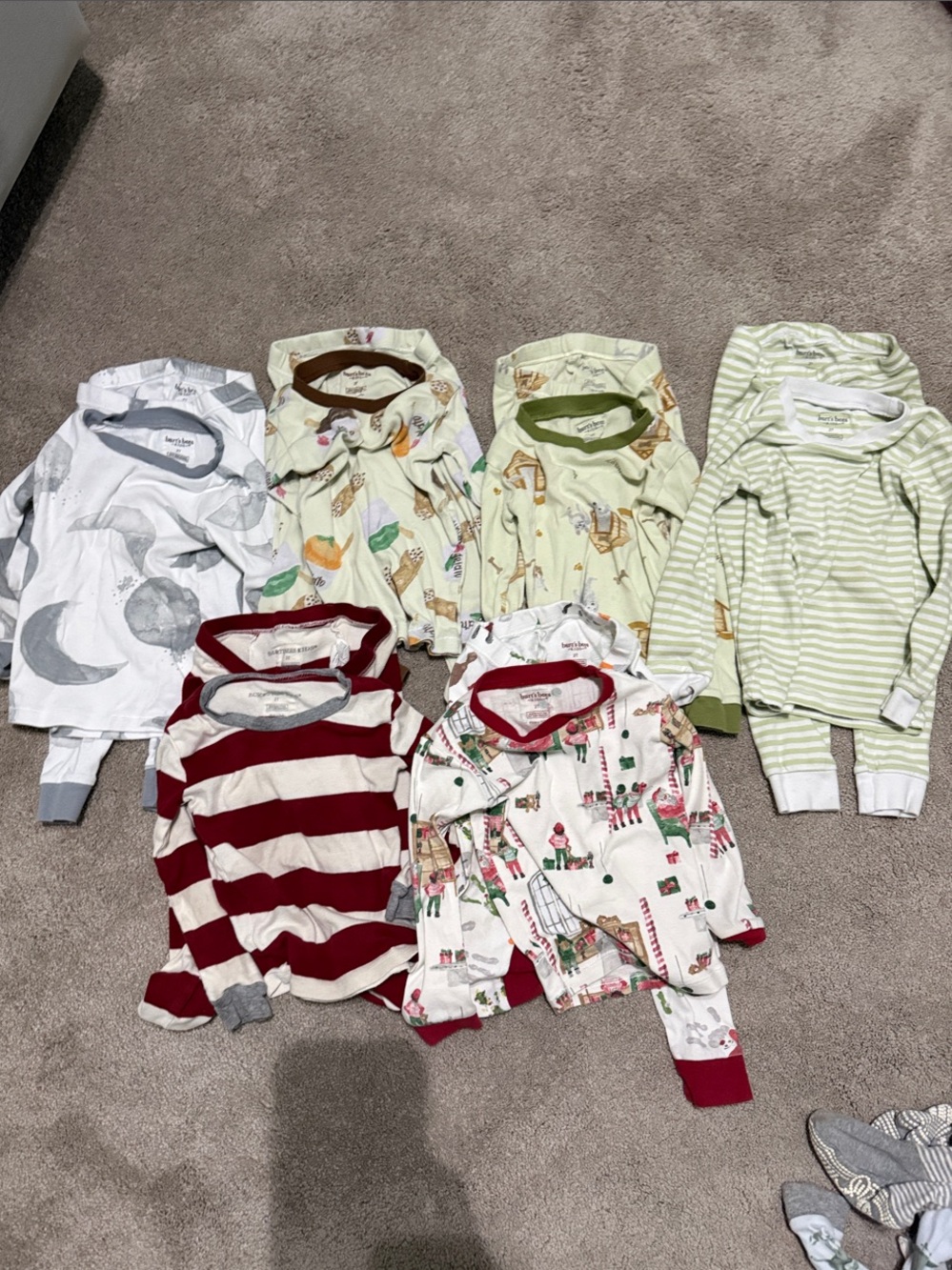 6 pair of Burt's Bees Mixed Print and Stripe Pajama Set in White, Green, Red